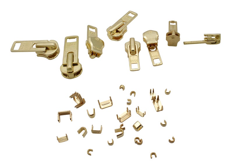 YKK Zipper Repair Kit Solution YKKÂ® 8 Sets Auto Lock Sliders Assorted 2 of #5, 2 of #7 , 2 of #8 and 2 of #10 Included Top & Bottom Stops - Made in USA (YKK Brass Auto Lock Sliders) - Image 1